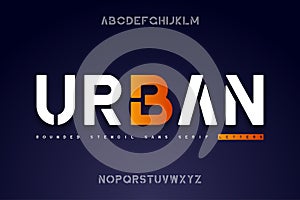 Rounded stencil sans serif font. Stencil alphabet with uppercase letters. Vector photo